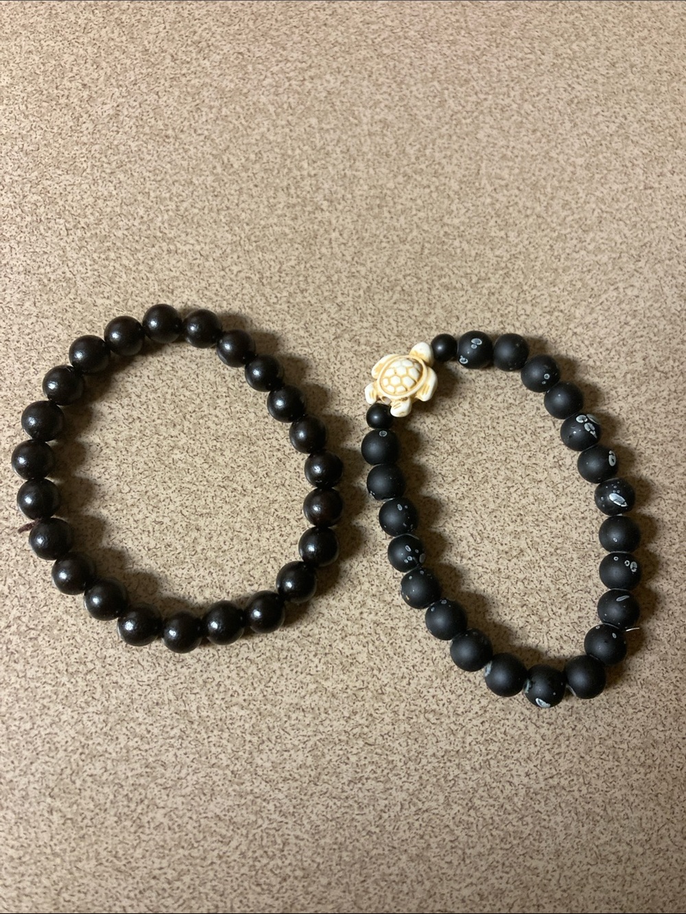 Black Beaded Stretch Bracelet Set with Turtle Accent